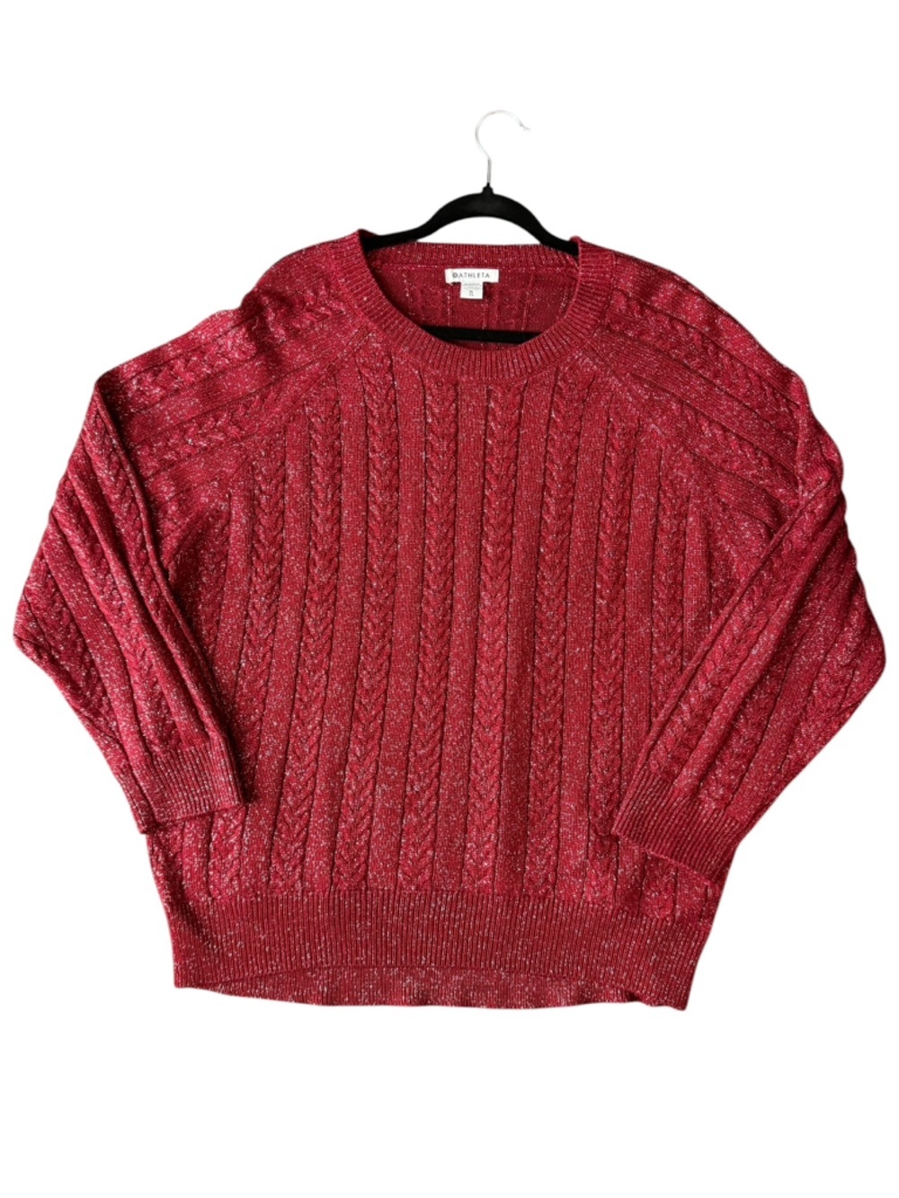 Athleta Crossroads Crew Sweater Red Metallic Cable Knit Cozy XL Holiday Luxe - Picture 4 of 14